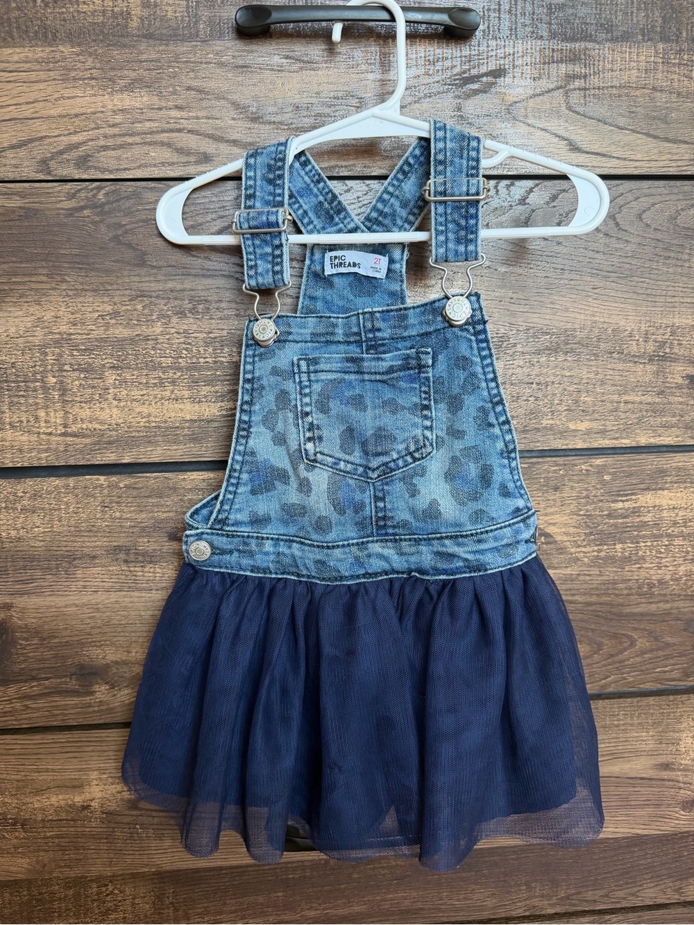 Epic Threads Light Blue Denim Leopard-Print Overall Dress with Navy Tulle Skirt